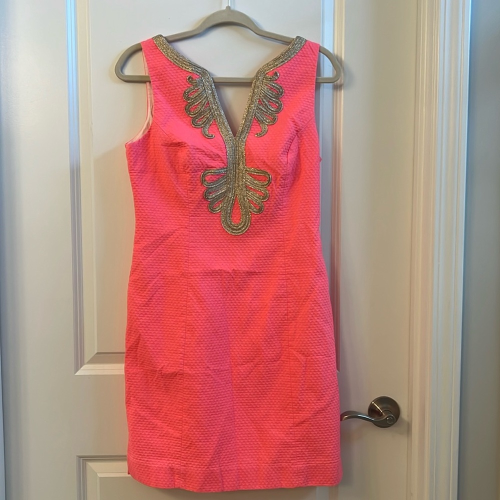 Coral pink and gold Lilly Pulitzer cocktail dress